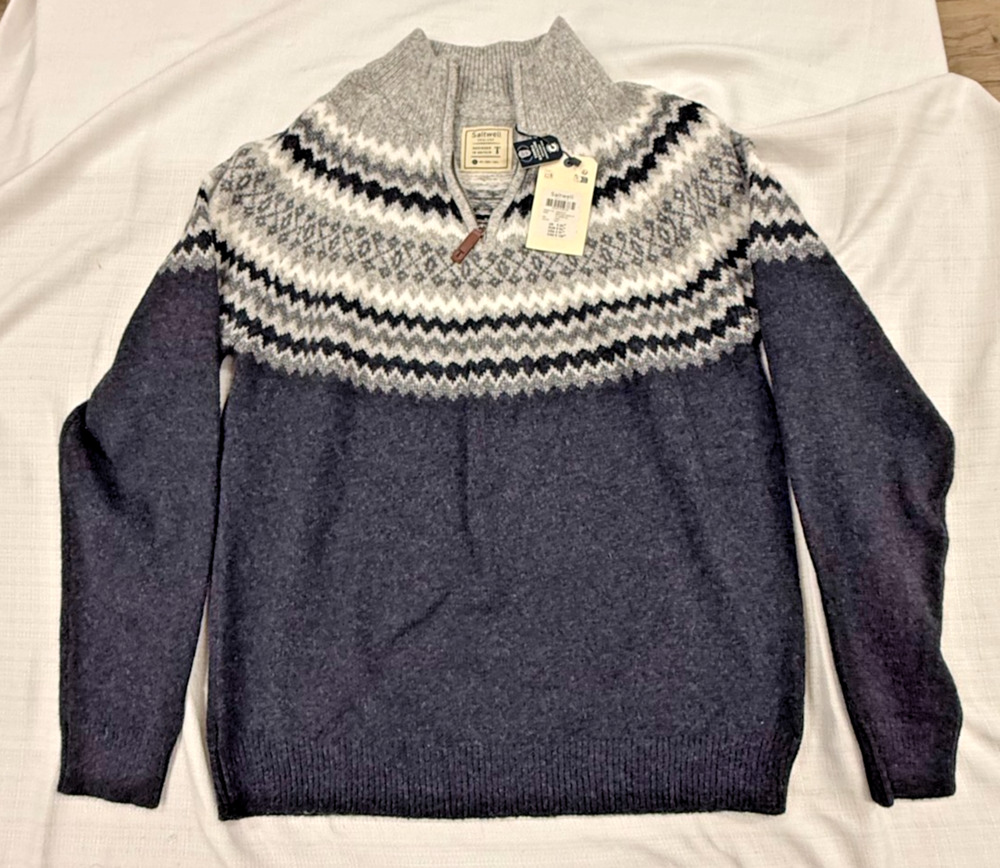 Saltwell England Fair Isle Quarter Zip Sweater Large NWT Nordic Wool Blend